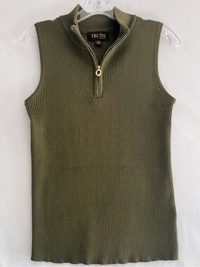 Truth by Republic Olive Quarter-Zip Ribbed Sleeveless Mock Neck Sweater Top L